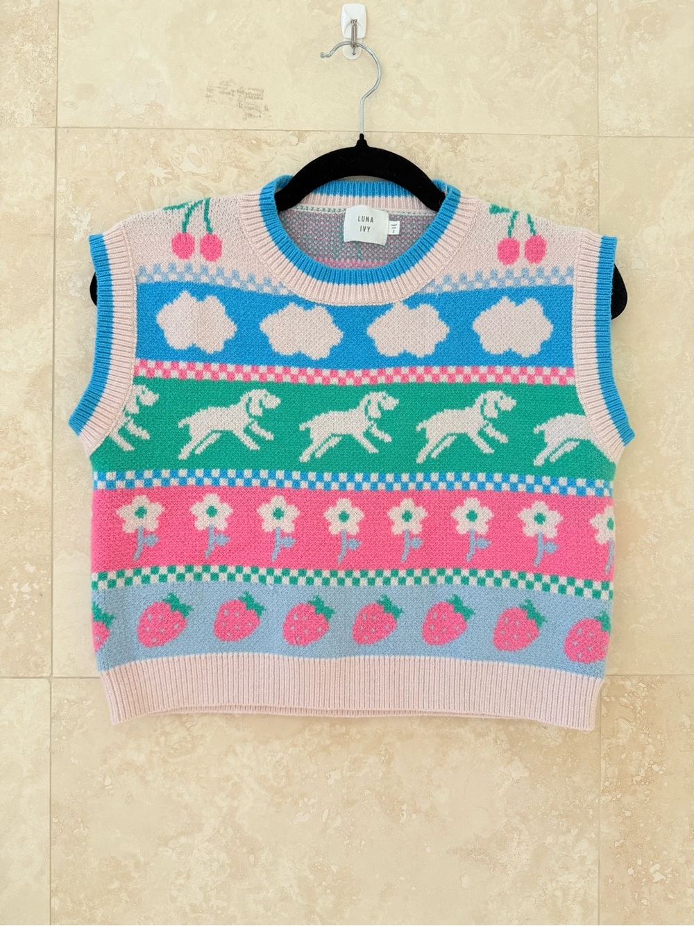Luna Ivy Pastel Dog Strawberry Sweater Vest Size S Cottagecore Kawaii EUC